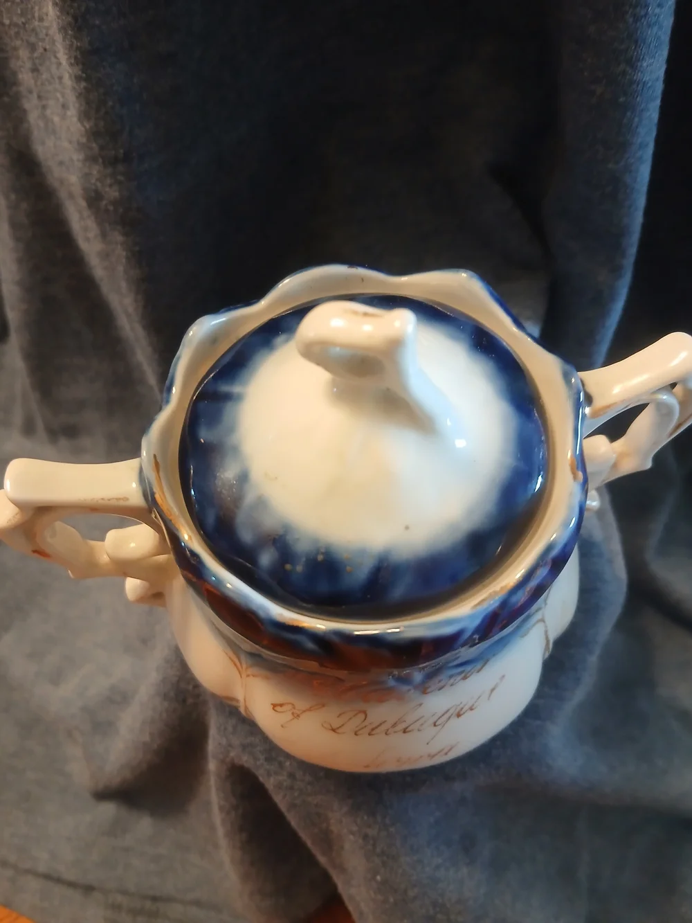 Antique Wheelock Germany Souvenier Sugar Bowl Cobalt Flow Blue Dubuque 1890s